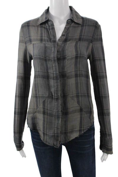 RtA Women Collared Plaid Cotton Button-Up Shirt Dark Gray Size XS
