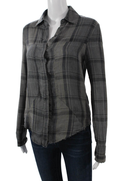 RtA Women Collared Plaid Cotton Button-Up Shirt Dark Gray Size XS