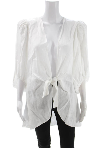 Adriana Degreas Women Kimono Blouse White Linen 3/4 Sleeve Tie Size M