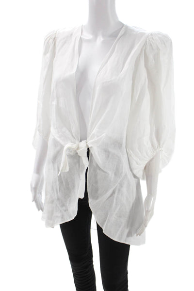 Adriana Degreas Women Kimono Blouse White Linen 3/4 Sleeve Tie Size M