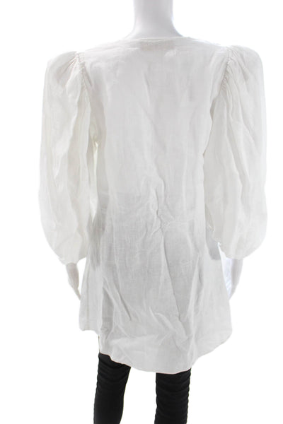 Adriana Degreas Women Kimono Blouse White Linen 3/4 Sleeve Tie Size M