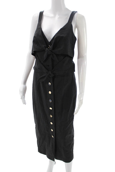 Toccin Women Overall Dress Black V-Neck Sleeveless Button Long Size 2