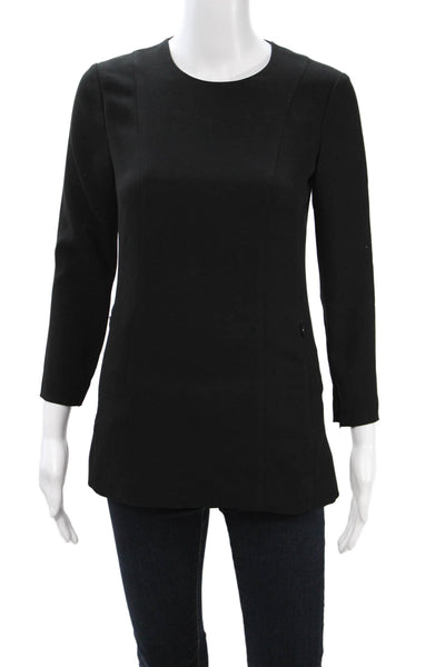 Theory Women Black Linen Tunic Blouse Crew Neck Long Sleeve Zip Size 2