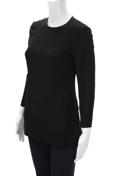 Theory Women Black Linen Tunic Blouse Crew Neck Long Sleeve Zip Size 2