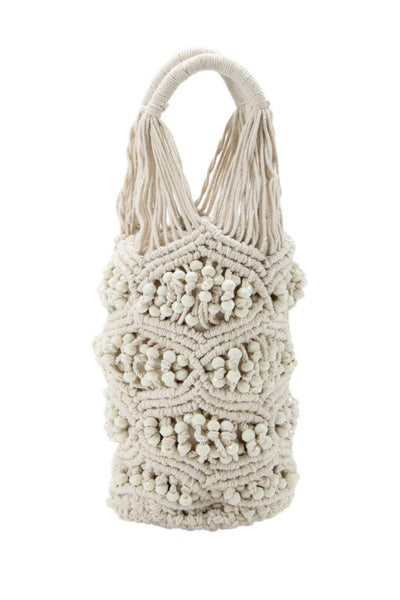 Zara Womens Cotton Beaded Top Handle Handbag Beige