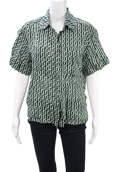 Shonajoy Women Linen Geometric Collared Button-Up Short Sleeve Top Size 2