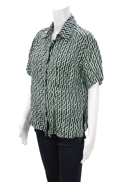 Shonajoy Women Linen Geometric Collared Button-Up Short Sleeve Top Size 2
