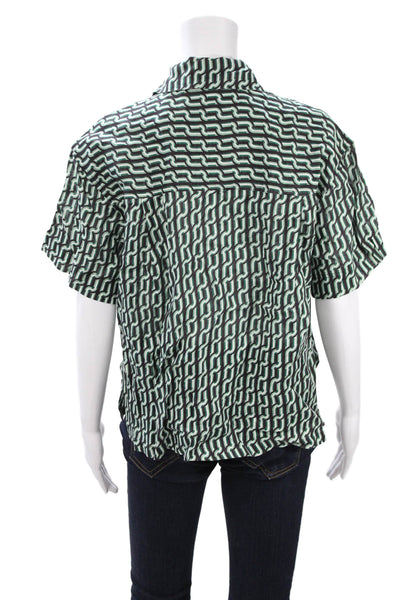 Shonajoy Women Linen Geometric Collared Button-Up Short Sleeve Top Size 2