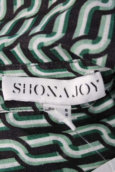 Shonajoy Women Linen Geometric Collared Button-Up Short Sleeve Top Size 2