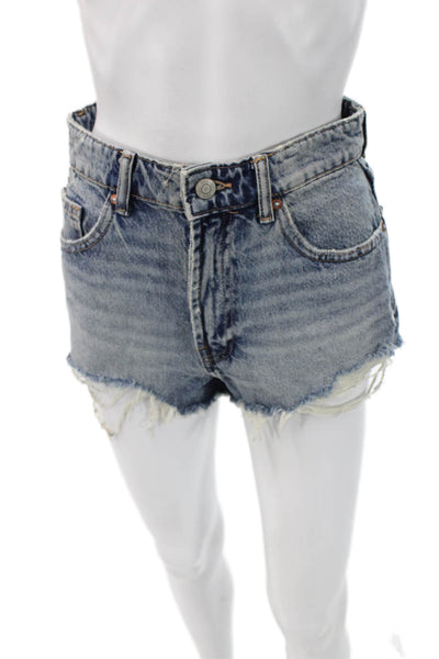 Zara Unisex 90s Blue Cotton Button Shorts Size 4