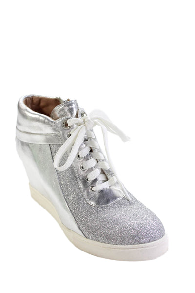Linea Paolo Womens Leather Glitter Detail Wedge Sneakers Silver Size 8 Medium