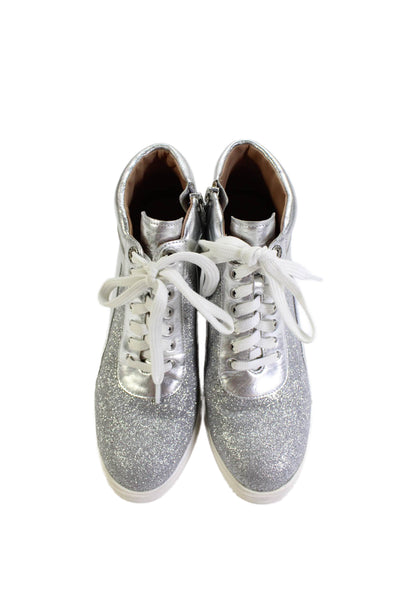 Linea Paolo Womens Leather Glitter Detail Wedge Sneakers Silver Size 8 Medium