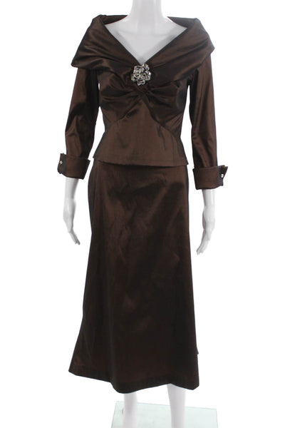 Tadashi Womens Jeweled V Neck Blouse Maxi Skirt Suit Chocolate Brown Size 6