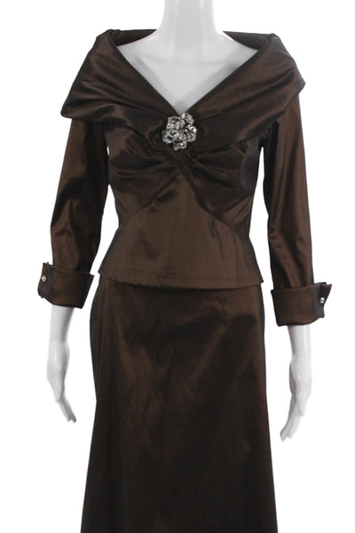 Tadashi Womens Jeweled V Neck Blouse Maxi Skirt Suit Chocolate Brown Size 6