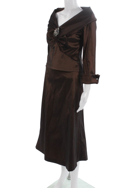 Tadashi Womens Jeweled V Neck Blouse Maxi Skirt Suit Chocolate Brown Size 6