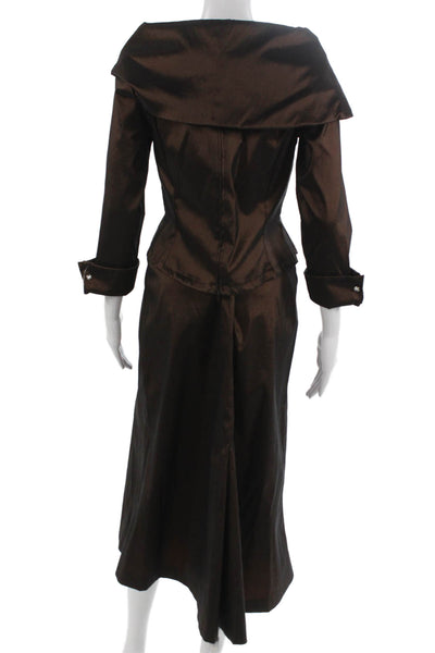 Tadashi Womens Jeweled V Neck Blouse Maxi Skirt Suit Chocolate Brown Size 6