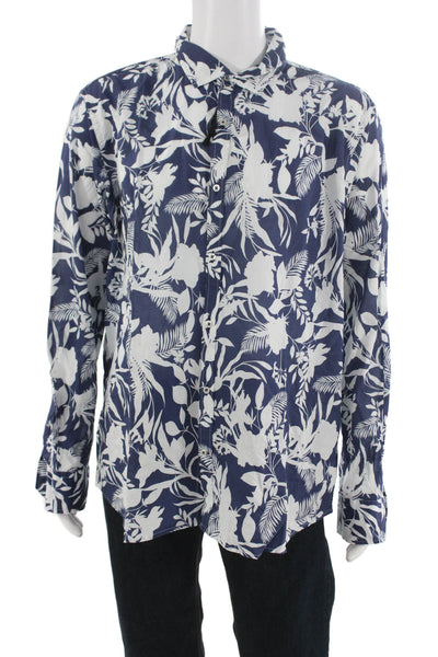 Europann Mens Floral Print Button Down Shirt Blue White Cotton Size 5
