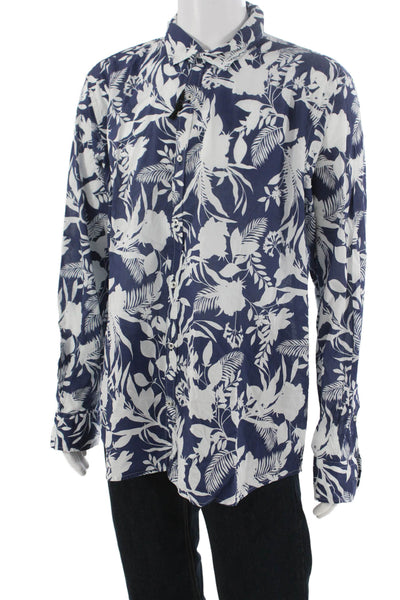 Europann Mens Floral Print Button Down Shirt Blue White Cotton Size 5