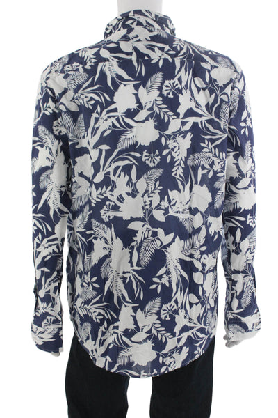 Europann Mens Floral Print Button Down Shirt Blue White Cotton Size 5