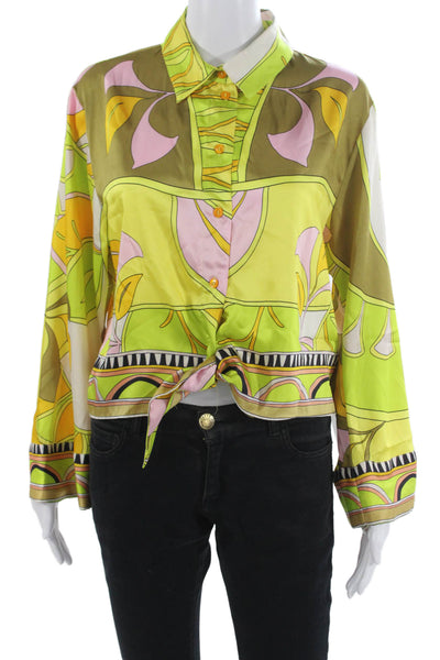 Zara Women Green Geometric Pima Cotton Button-Up Blouse Long Sleeve Size L