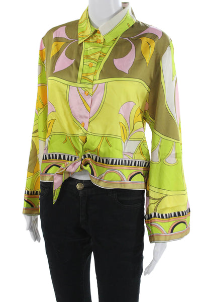 Zara Women Green Geometric Pima Cotton Button-Up Blouse Long Sleeve Size L