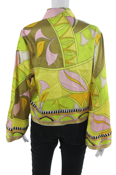 Zara Women Green Geometric Pima Cotton Button-Up Blouse Long Sleeve Size L