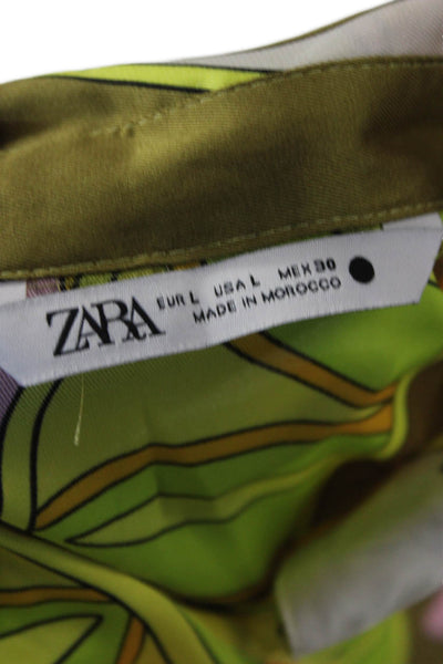 Zara Women Green Geometric Pima Cotton Button-Up Blouse Long Sleeve Size L