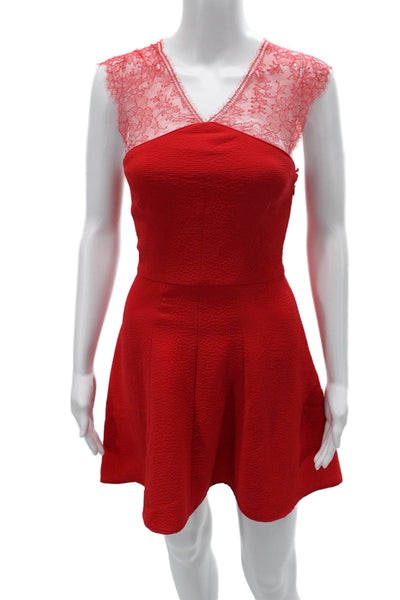 The Kooples Womens Fit & Flare Mini Dress Red V Neck Sleeveless Zip Size XS