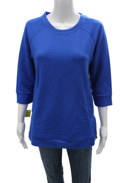 Tribal Women Tunic Sweatshirt Blue Striped Crew Neck 3/4 Sleeve Petites Size S