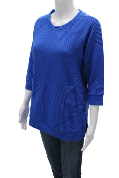Tribal Women Tunic Sweatshirt Blue Striped Crew Neck 3/4 Sleeve Petites Size S