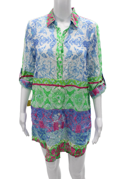 Renuar Womens Tunic Button Up Knee Length 3/4 Sleeve Paisley Blue Size M