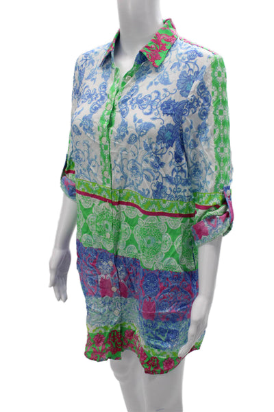 Renuar Womens Tunic Button Up Knee Length 3/4 Sleeve Paisley Blue Size M