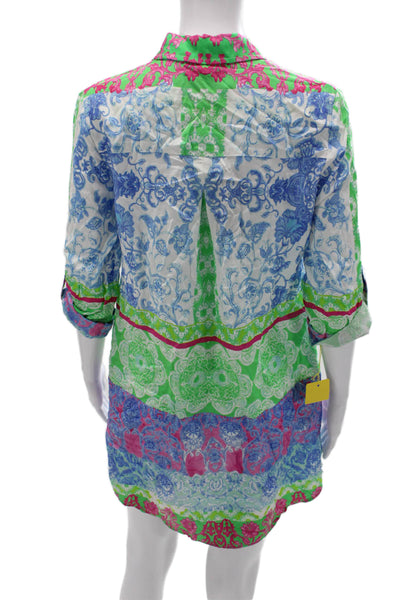 Renuar Womens Tunic Button Up Knee Length 3/4 Sleeve Paisley Blue Size M