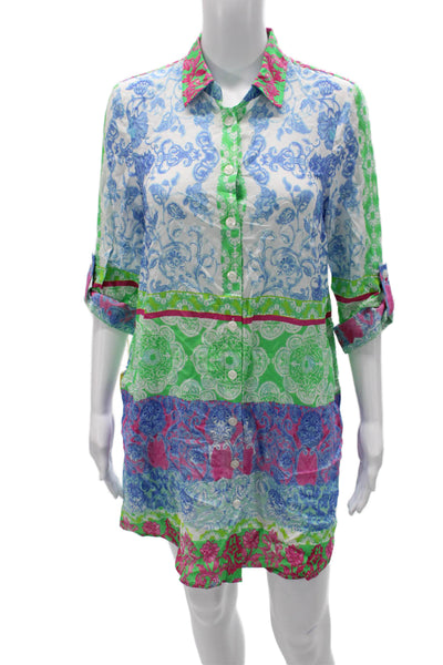 Renuar Womens Shirt Dress Blue Paisley Collared 3/4 Sleeve Knee Length Size XS