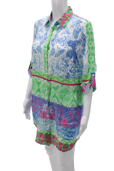 Renuar Womens Shirt Dress Blue Paisley Collared 3/4 Sleeve Knee Length Size XS