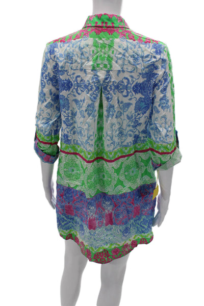 Renuar Womens Shirt Dress Blue Paisley Collared 3/4 Sleeve Knee Length Size XS