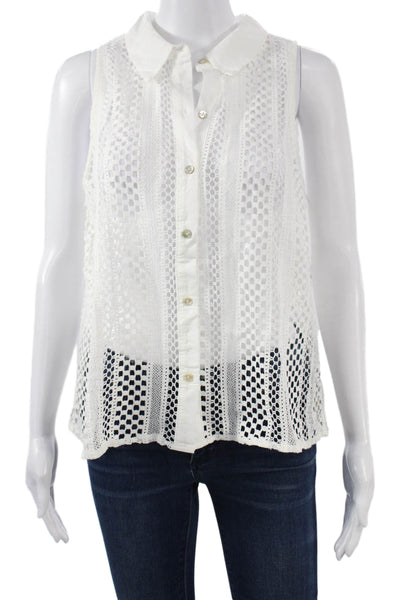 Zara Women Sleeveless Collared Button Up Blouse White Cotton Blend Boho Size XL