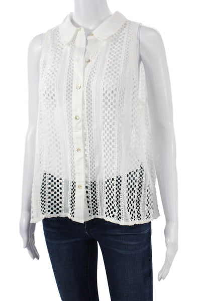 Zara Women Sleeveless Collared Button Up Blouse White Cotton Blend Boho Size XL