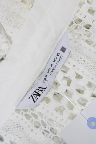 Zara Women Sleeveless Collared Button Up Blouse White Cotton Blend Boho Size XL