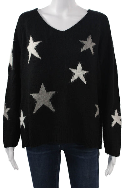 Elan Unisex Black V-Neck Pullover Star Graphic Print Long Sleeve Size S