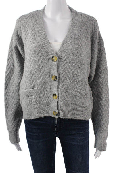 Zara Unisex Gray Herringbone V Neck Button Cardigan Acrylic Long Sleeve Size M