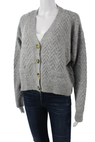 Zara Unisex Gray Herringbone V Neck Button Cardigan Acrylic Long Sleeve Size M