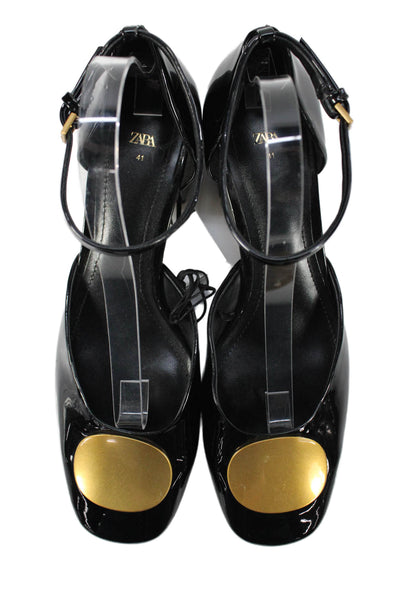 Zara Womens Patent Leather Gold Tone Ankle Strap Pumps Black Gold Size 41 11