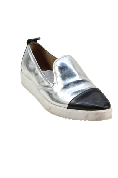 Karl Lagerfeld Womens Leather Cap Toe Slide On Flats Silver Black Size 6 Medium