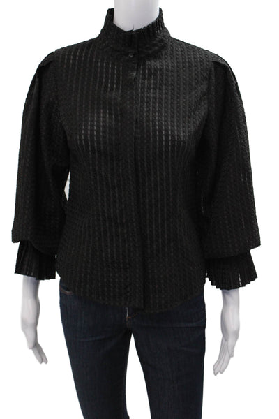 Gracia Women Striped High Neck Button Up Blouse Black 3/4 Sleeve Size S