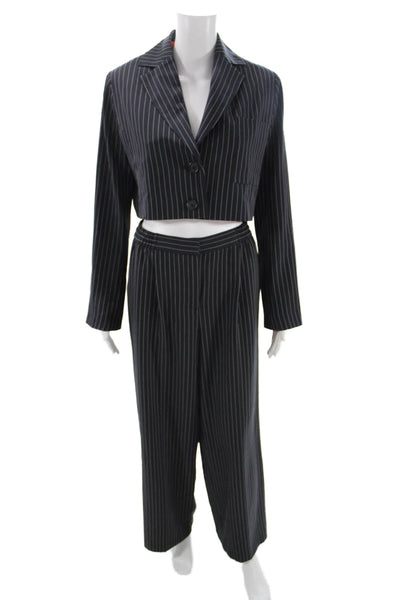 Collusion Womens Striped Cropped Blazer High Rise Pant Suit Black Size 4/6