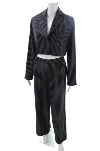 Collusion Womens Striped Cropped Blazer High Rise Pant Suit Black Size 4/6