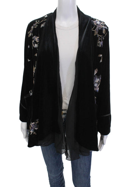 Aris A. Women Bohemian Floral Black Coat Polyester Long Sleeve Size M