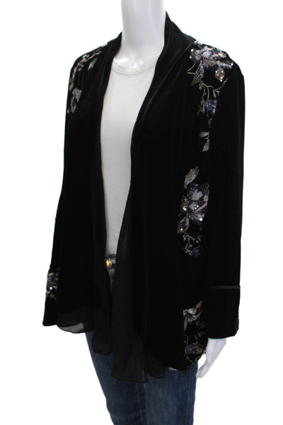 Aris A. Women Bohemian Floral Black Coat Polyester Long Sleeve Size M