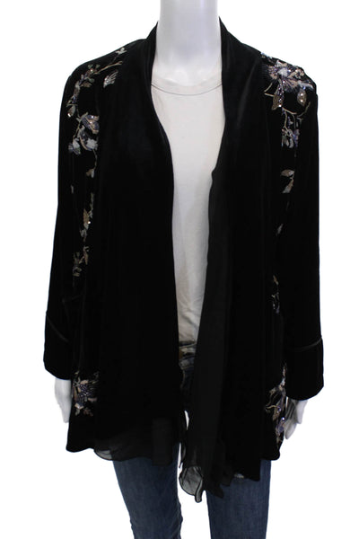 Aris A. Women Black Floral Bohemian Jacket Poly Spandex Long Sleeve Size S